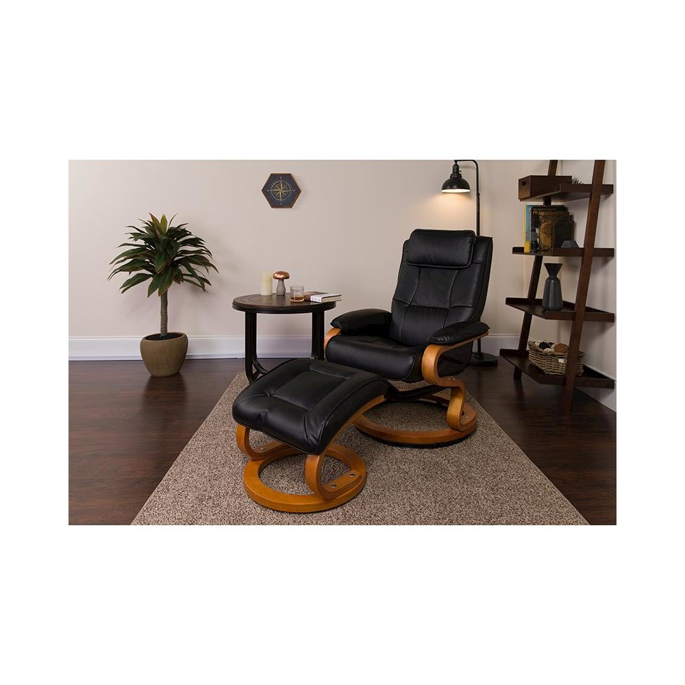 Adjustable Recliner and Ottoman with Swivel Maple Wood Base in Black LeatherSoft
