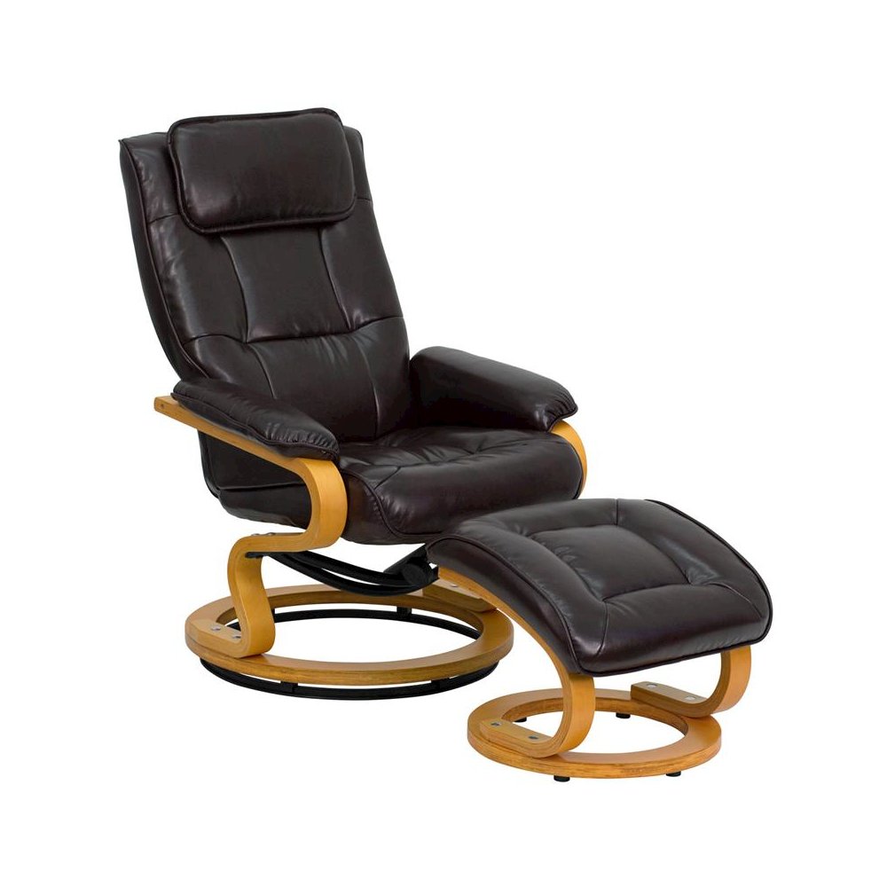 Adjustable Recliner and Ottoman with Swivel Maple Wood Base in Brown LeatherSoft
