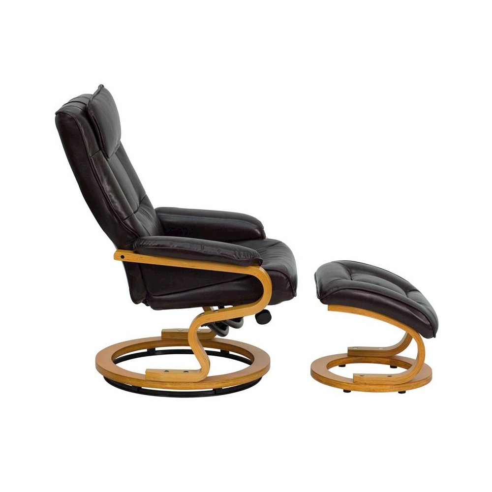 Adjustable Recliner and Ottoman with Swivel Maple Wood Base in Brown LeatherSoft