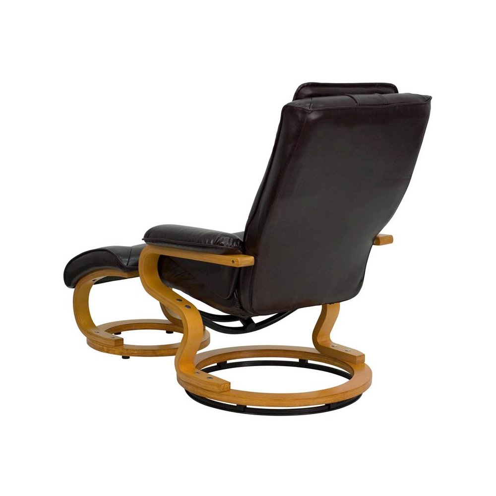 Adjustable Recliner and Ottoman with Swivel Maple Wood Base in Brown LeatherSoft
