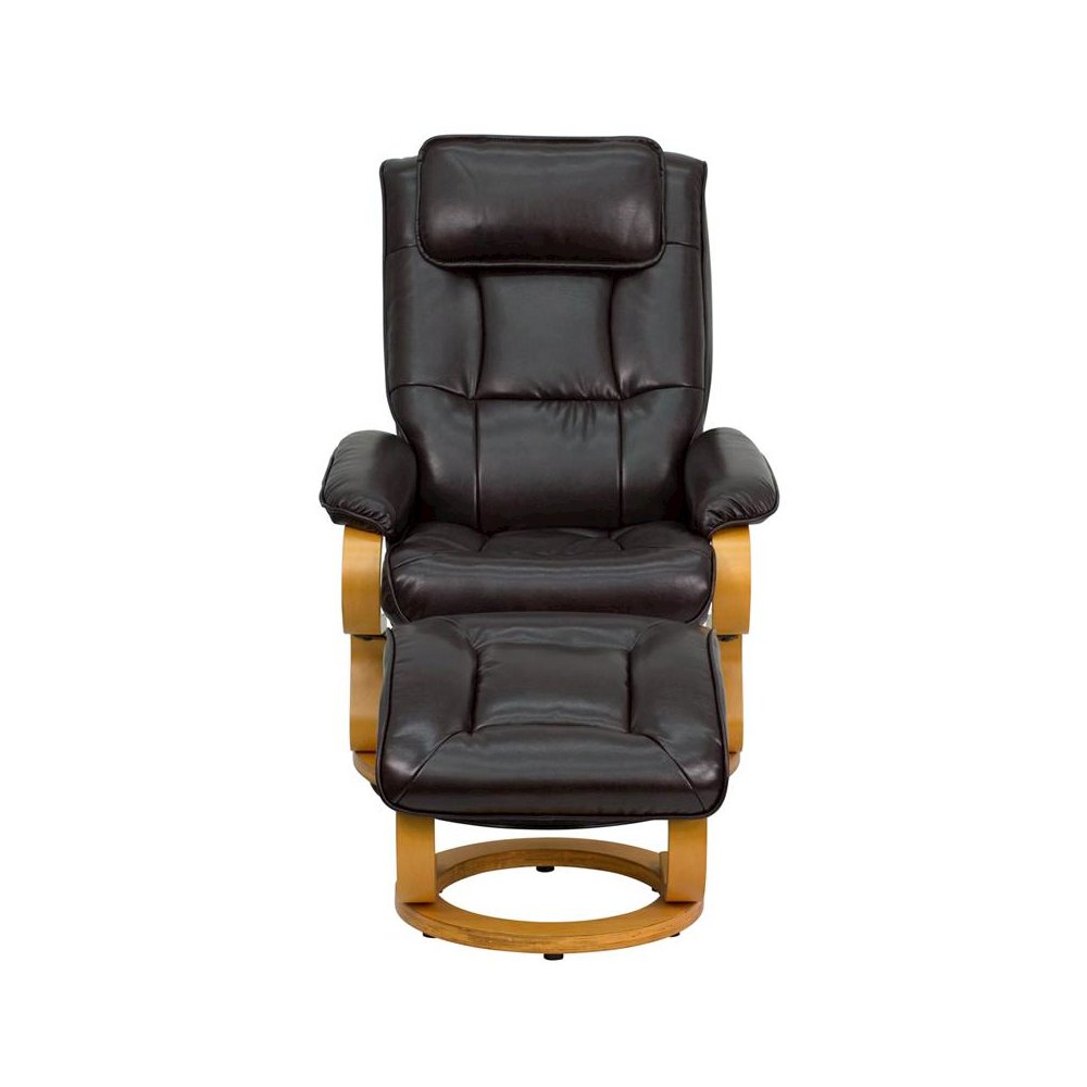 Adjustable Recliner and Ottoman with Swivel Maple Wood Base in Brown LeatherSoft