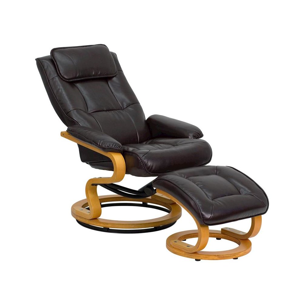 Adjustable Recliner and Ottoman with Swivel Maple Wood Base in Brown LeatherSoft