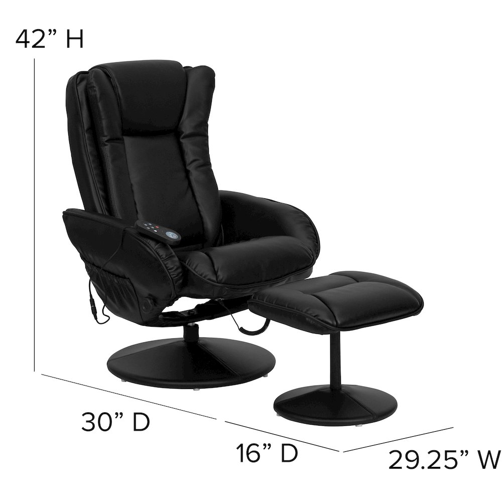 Massaging Plush Recliner with Side Pocket and Ottoman in Black LeatherSoft
