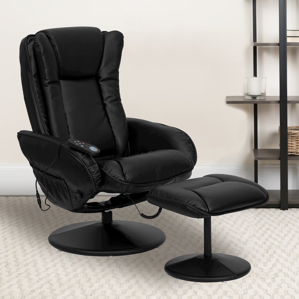 Massaging Plush Recliner with Side Pocket and Ottoman in Black LeatherSoft