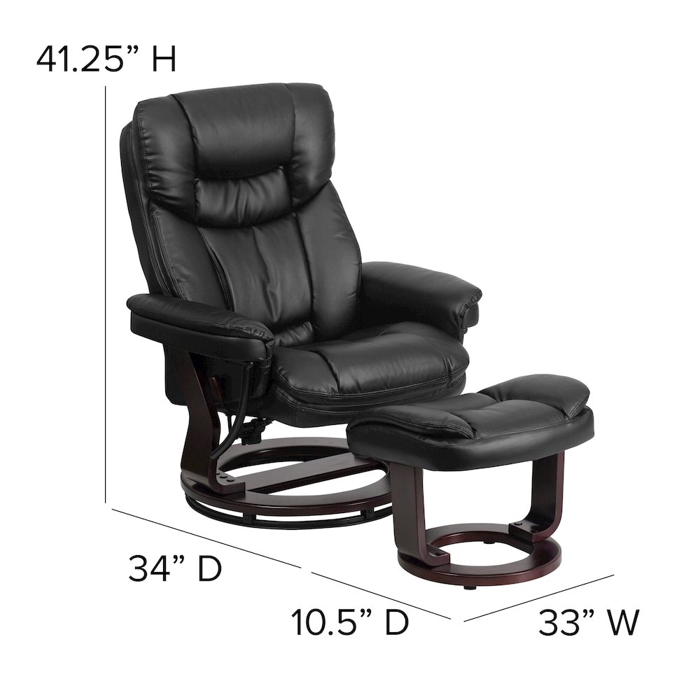 Recliner and Curved Ottoman with Swivel Mahogany Wood Base in Black LeatherSoft