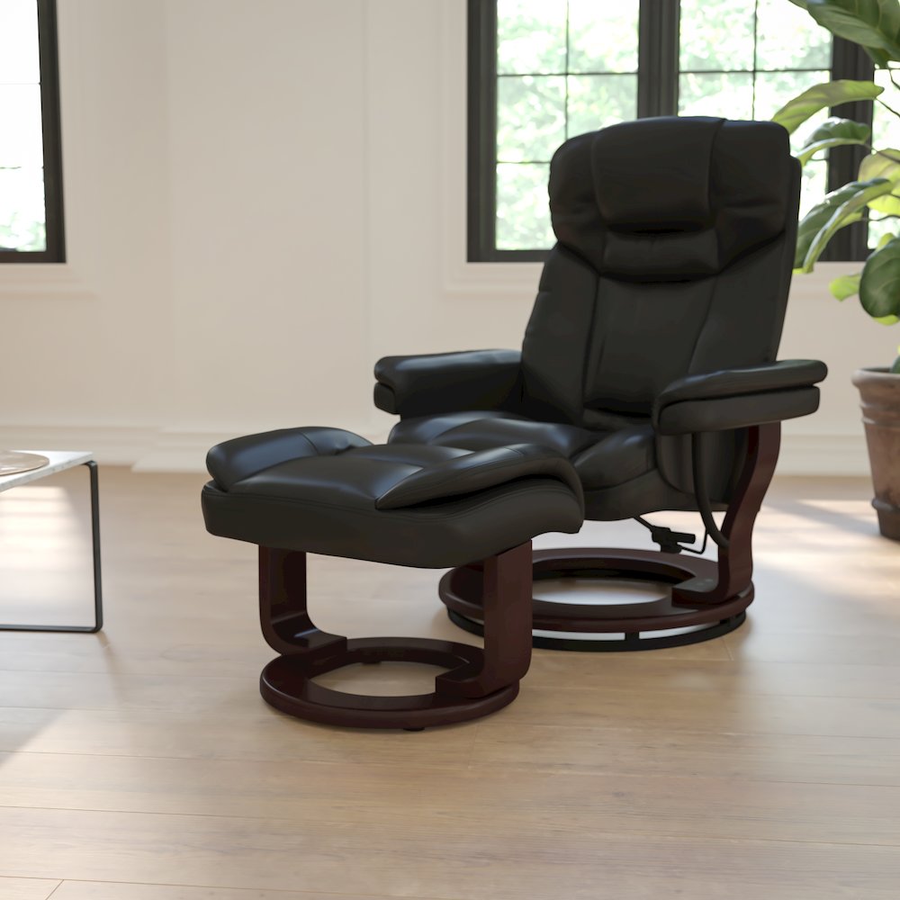 Recliner and Curved Ottoman with Swivel Mahogany Wood Base in Black LeatherSoft
