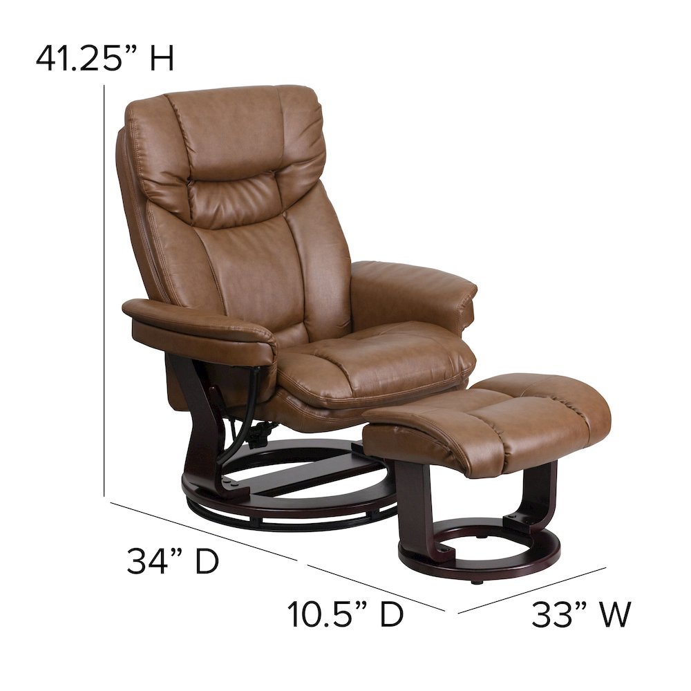 Recliner and Ottoman with Swivel Mahogany Wood Base in Palimino LeatherSoft