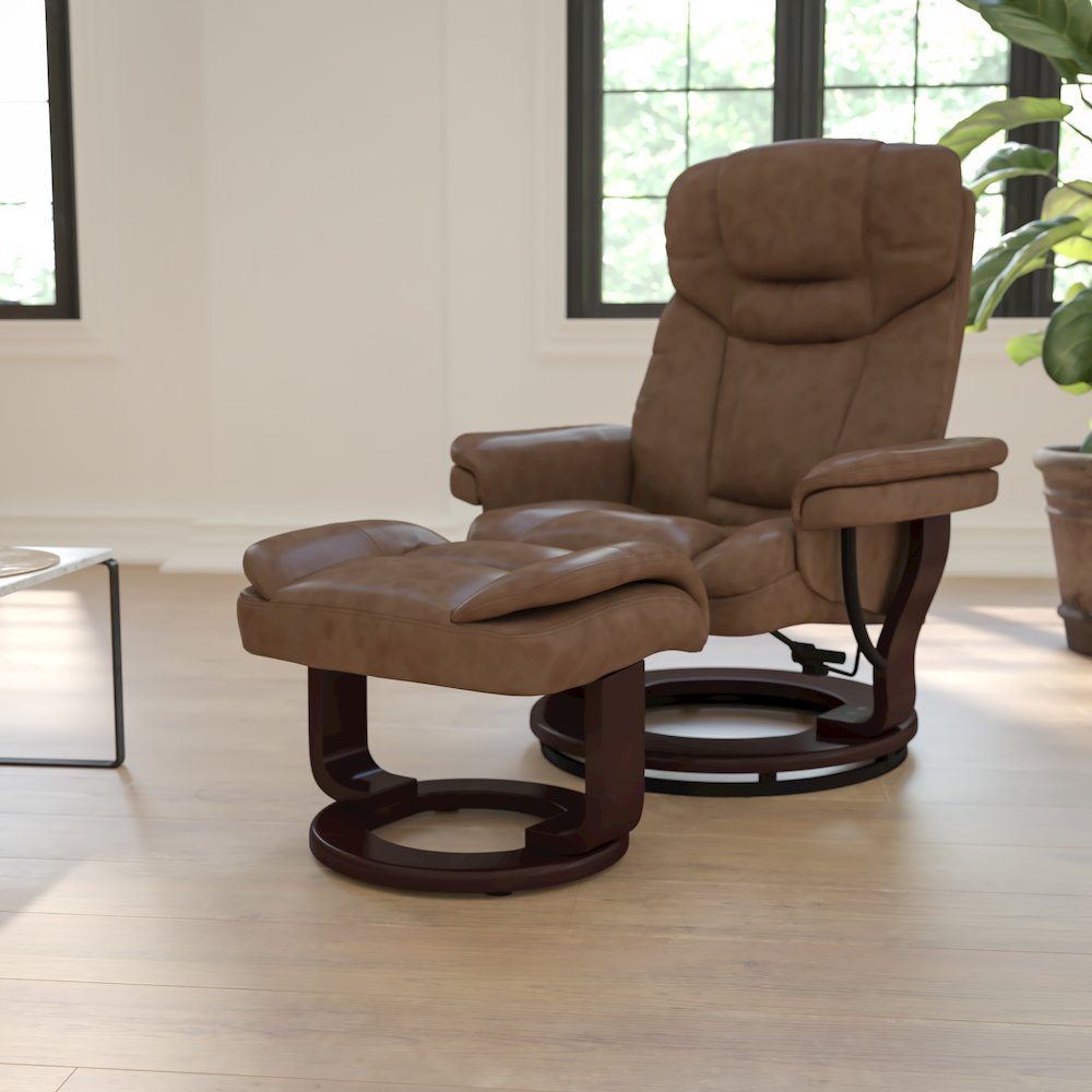 Recliner and Ottoman with Swivel Mahogany Wood Base in Palimino LeatherSoft