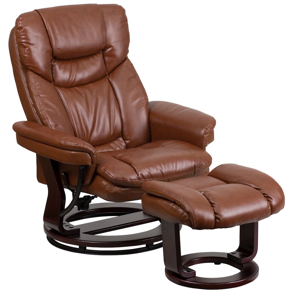 Recliner and Ottoman with Swivel Mahogany Wood Base in Brown Vintage LeatherSoft