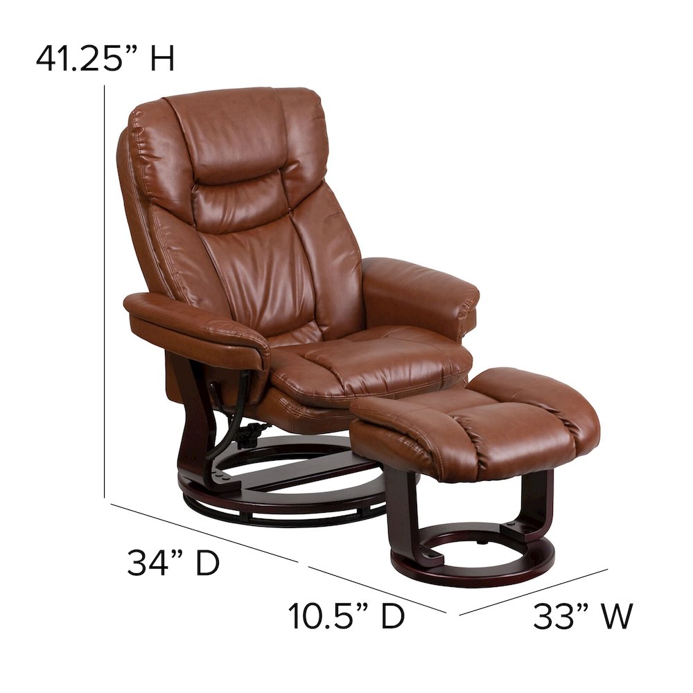 Recliner and Ottoman with Swivel Mahogany Wood Base in Brown Vintage LeatherSoft