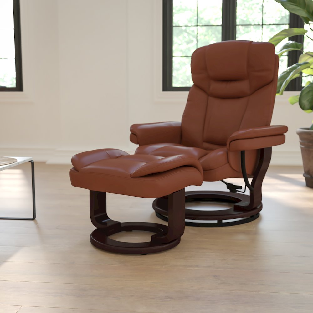 Recliner and Ottoman with Swivel Mahogany Wood Base in Brown Vintage LeatherSoft