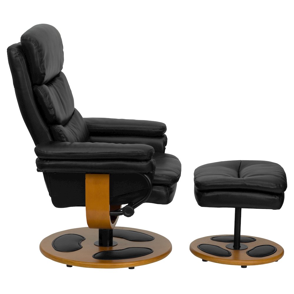 Recliner and Ottoman with Wood Base in Black LeatherSoft