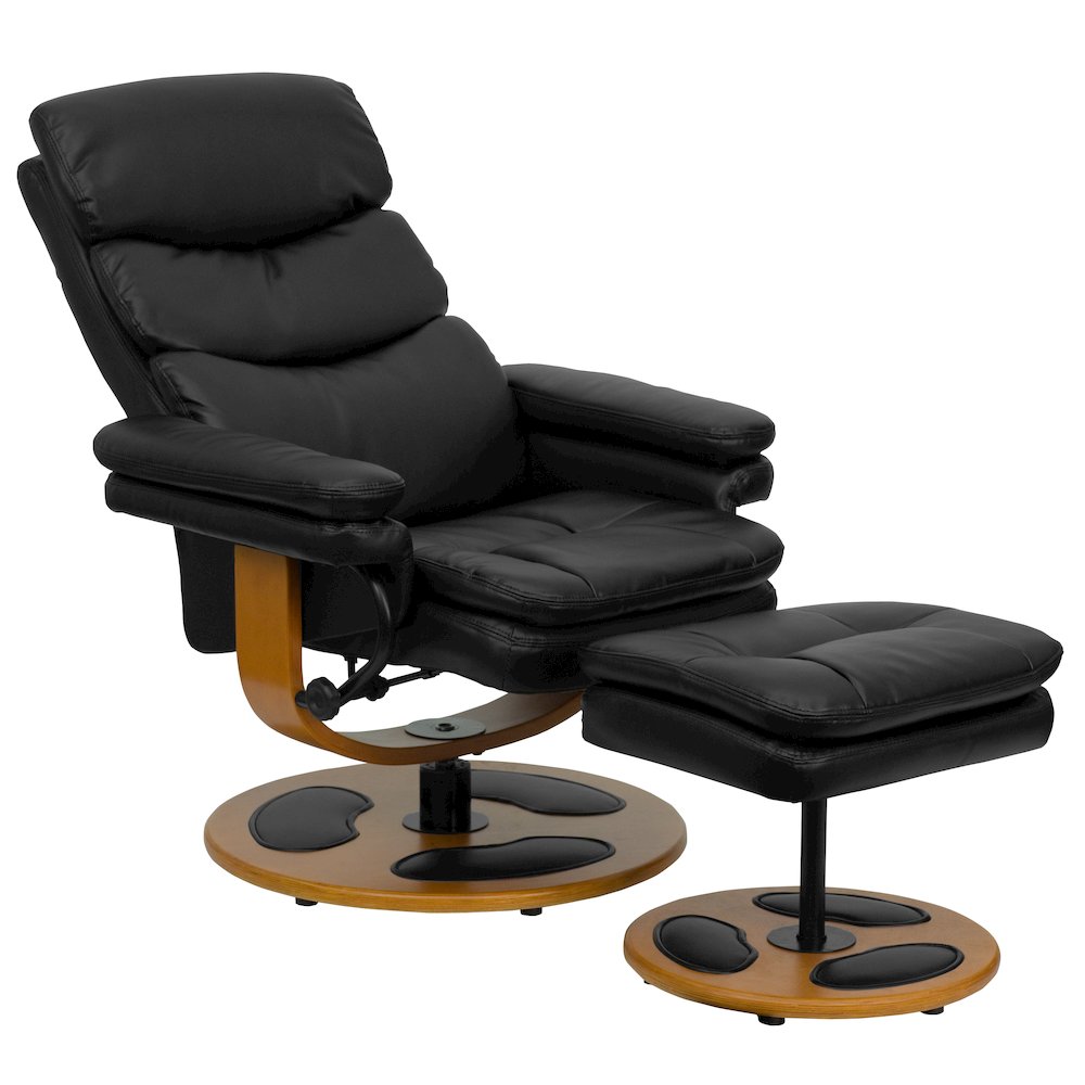 Recliner and Ottoman with Wood Base in Black LeatherSoft