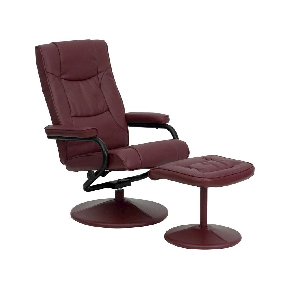 Recliner and Ottoman with Wrapped Base in Burgundy LeatherSoft