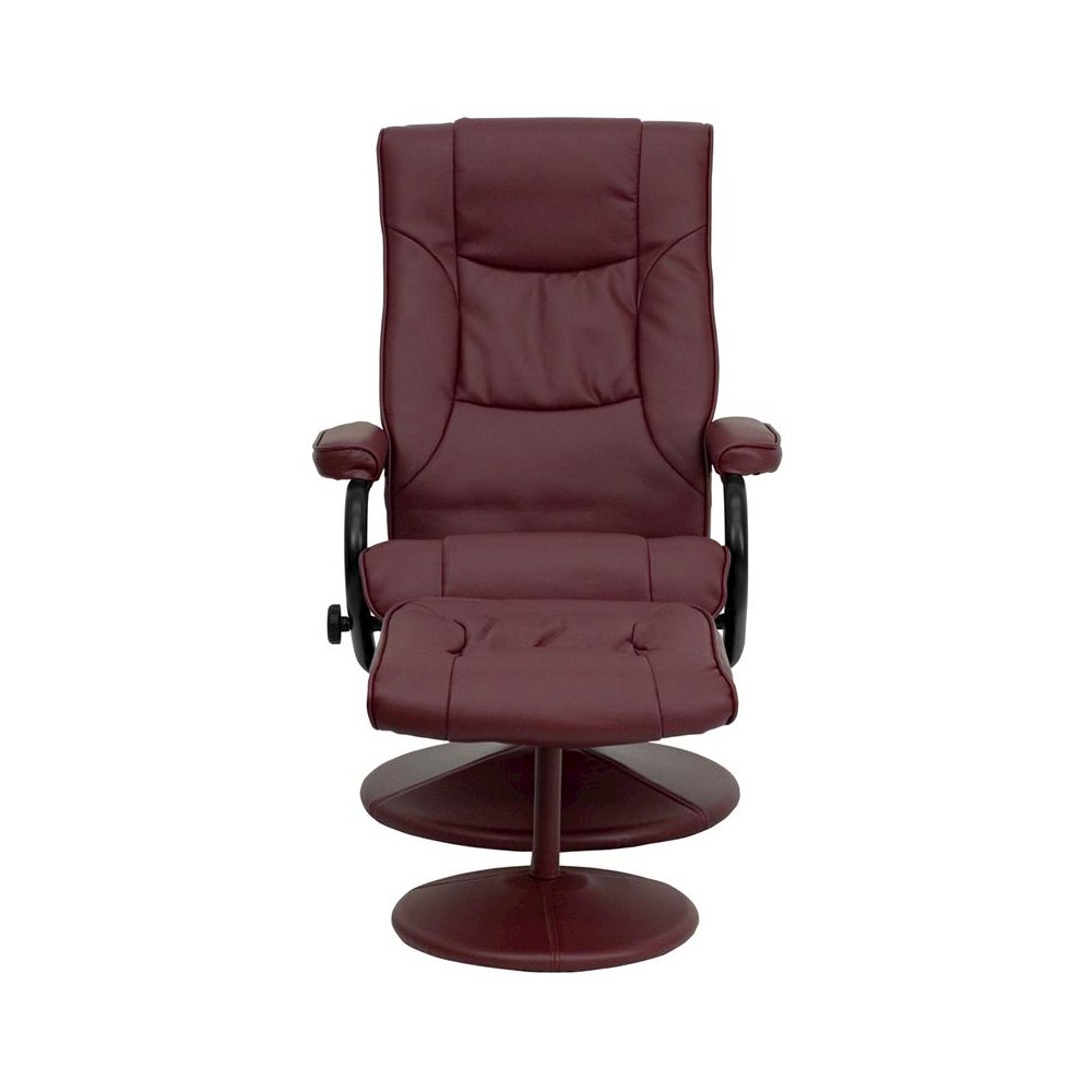 Recliner and Ottoman with Wrapped Base in Burgundy LeatherSoft