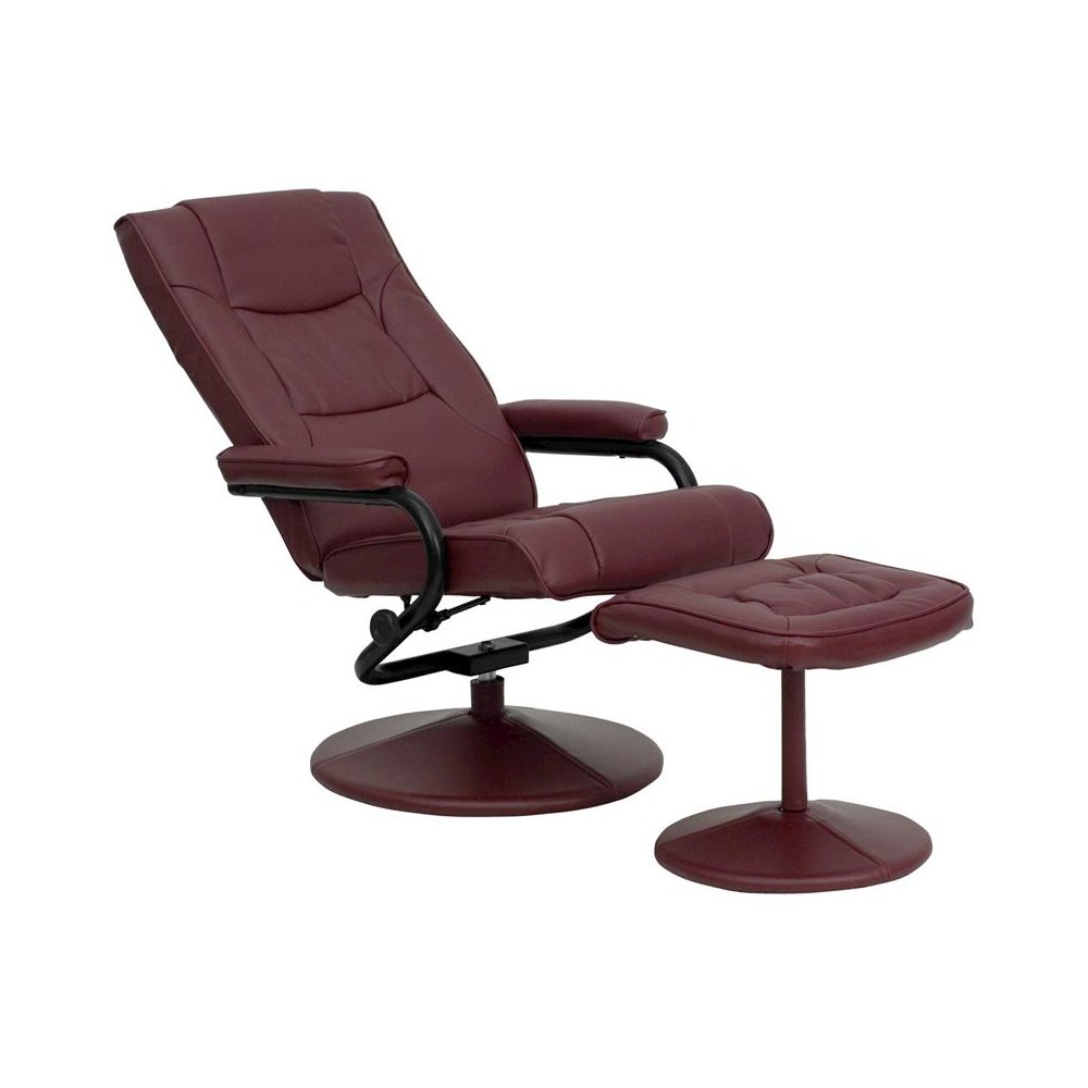 Recliner and Ottoman with Wrapped Base in Burgundy LeatherSoft