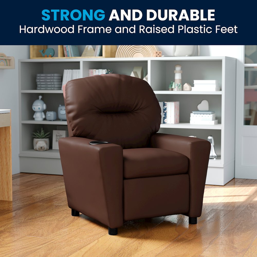 Contemporary Brown LeatherSoft Kids Recliner with Cup Holder