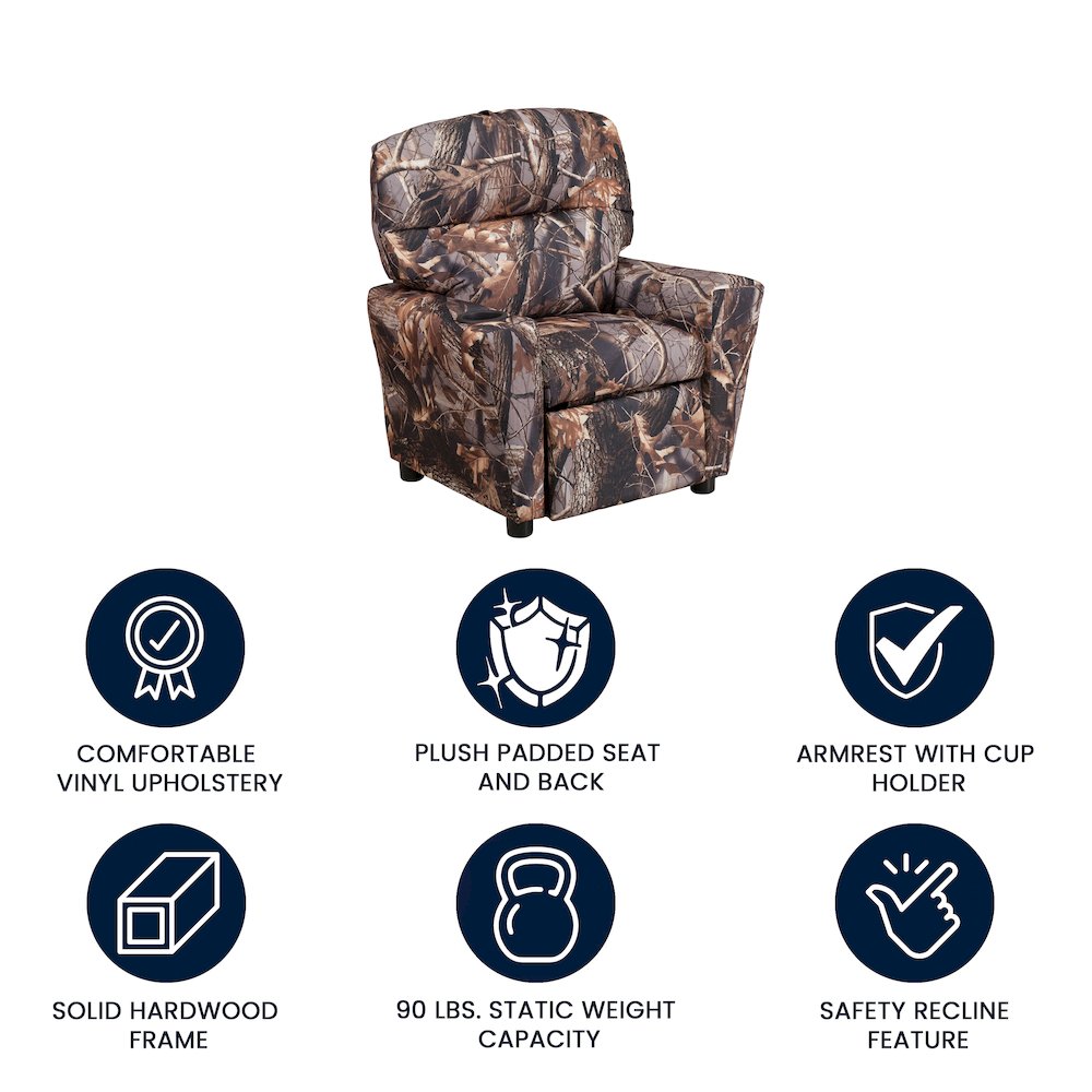 Contemporary Camouflaged Fabric Kids Recliner with Cup Holder