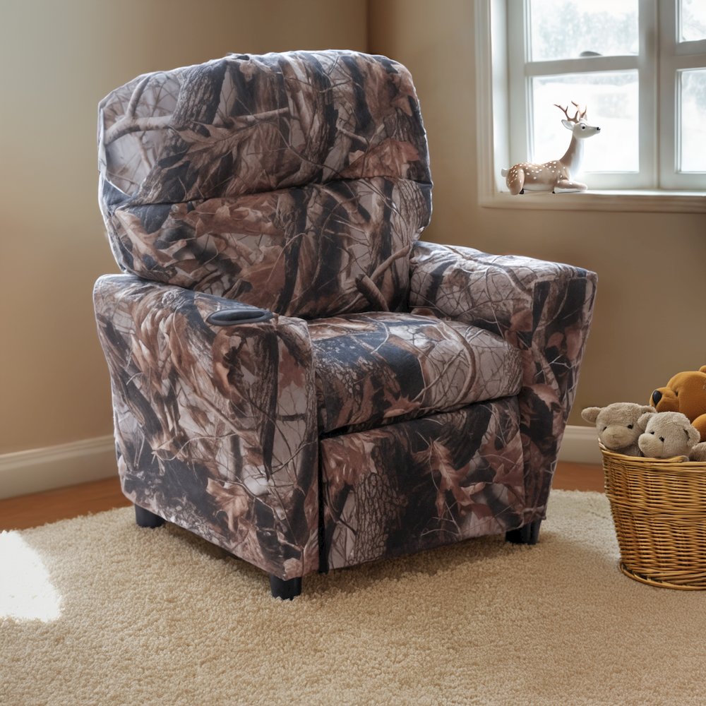 Contemporary Camouflaged Fabric Kids Recliner with Cup Holder