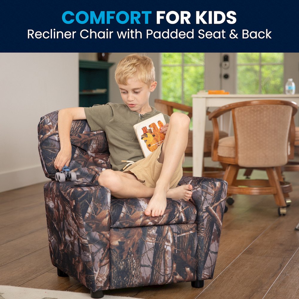 Contemporary Camouflaged Fabric Kids Recliner with Cup Holder