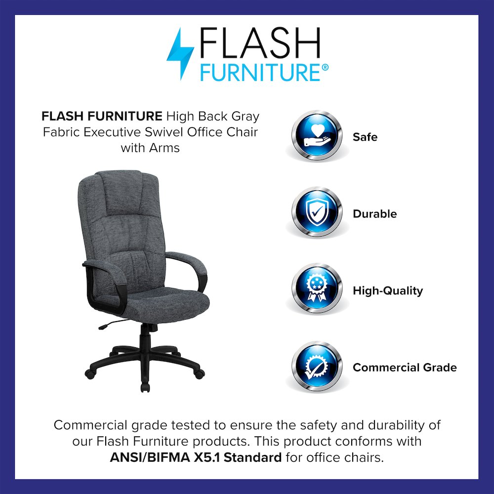 High Back Gray Fabric Executive Swivel Office Chair with Arms