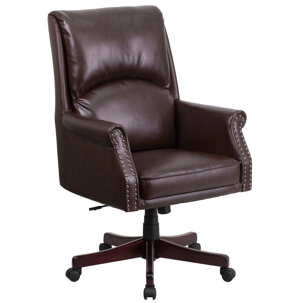 High Back Pillow Back Brown LeatherSoft Executive Swivel Office Chair with Arms