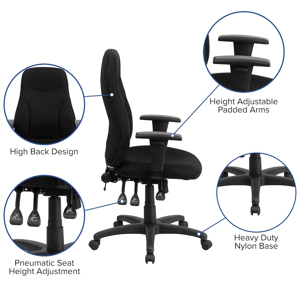 High Back Black Fabric Multifunction Swivel Task Office Chair