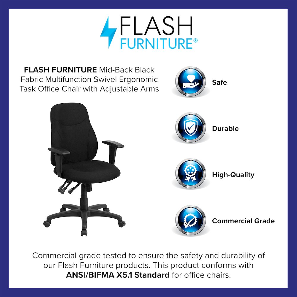 Mid-Back Black Fabric Multifunction Swivel Task Office Chair