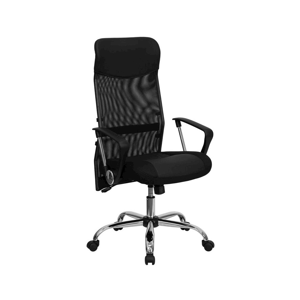 High Back Black Leather and Mesh Swivel Task Office Chair with Arms