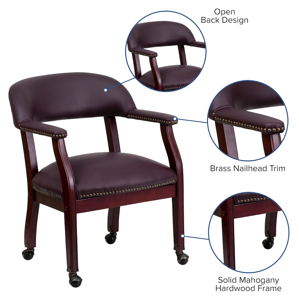 Burgundy LeatherSoft Conference Chair with Accent Nail Trim and Casters