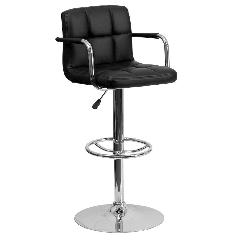 Black Quilted Vinyl Adjustable Height Barstool with Arms and Chrome Base