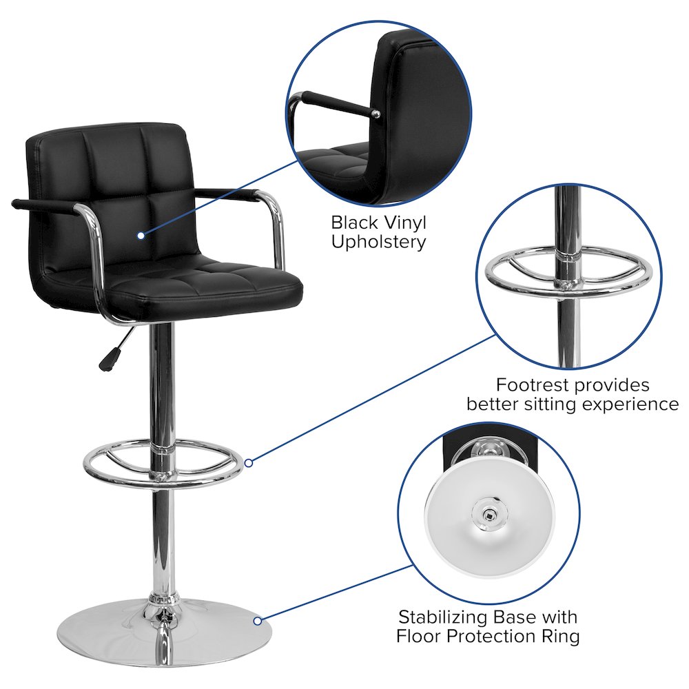 Black Quilted Vinyl Adjustable Height Barstool with Arms and Chrome Base