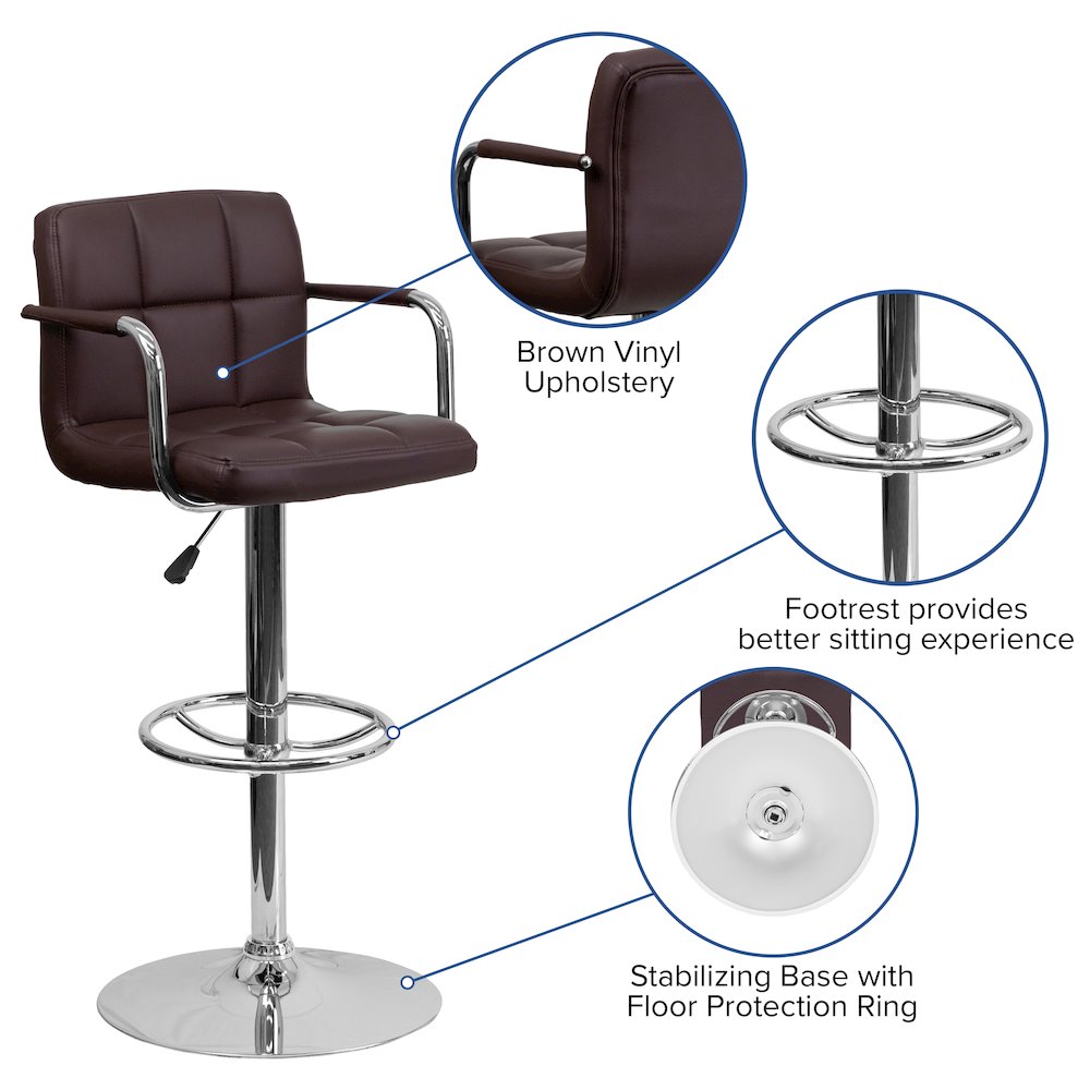 Brown Quilted Vinyl Adjustable Height Barstool with Arms and Chrome Base