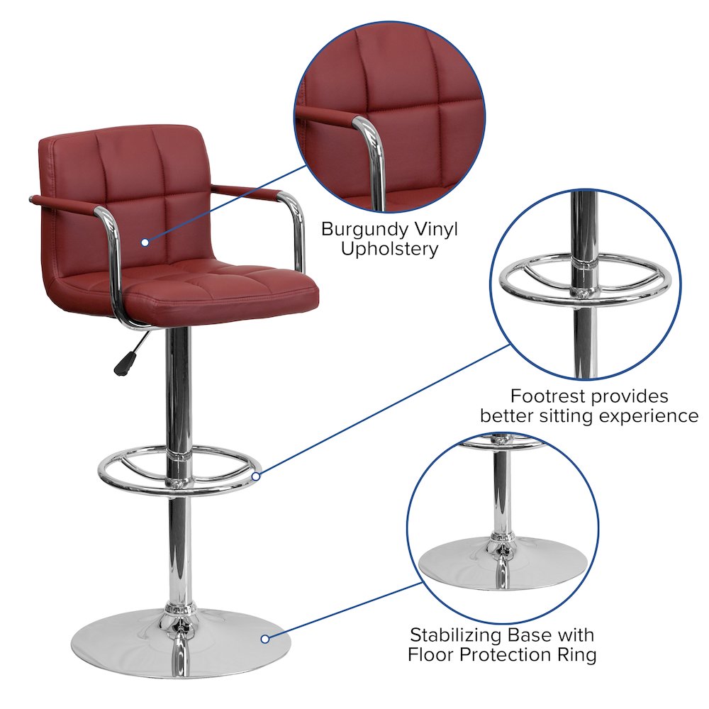 Burgundy Quilted Vinyl Adjustable Height Barstool with Arms and Chrome Base