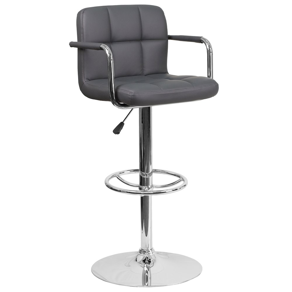 Gray Quilted Vinyl Adjustable Height Barstool with Arms and Chrome Base