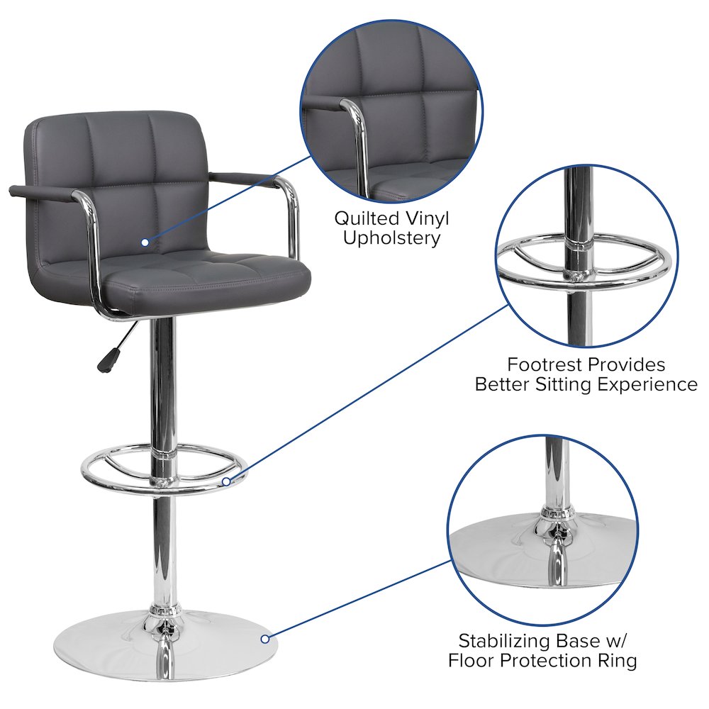 Gray Quilted Vinyl Adjustable Height Barstool with Arms and Chrome Base