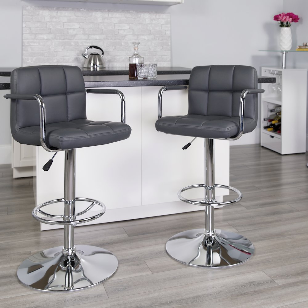 Gray Quilted Vinyl Adjustable Height Barstool with Arms and Chrome Base