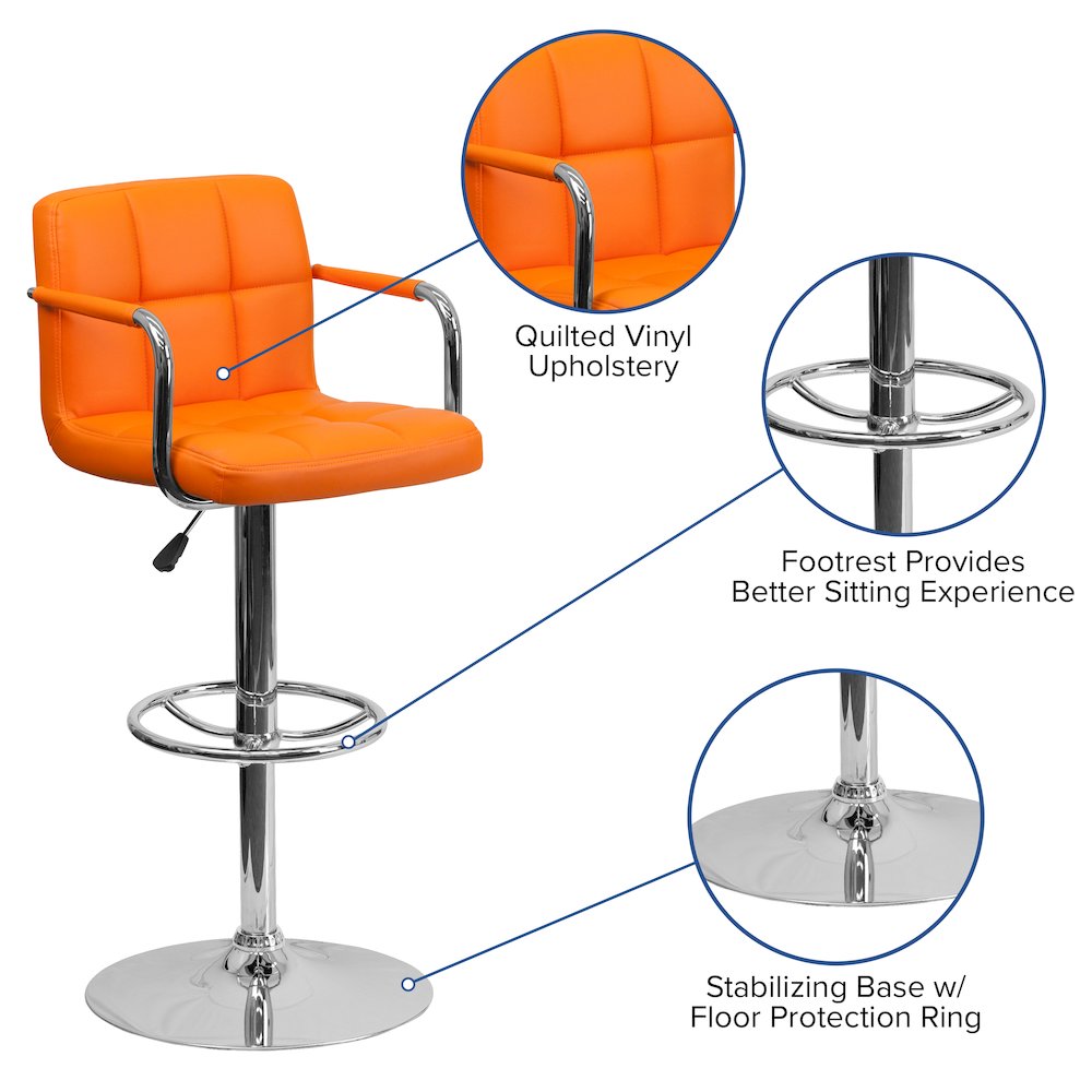 Orange Quilted Vinyl Adjustable Height Barstool with Arms and Chrome Base