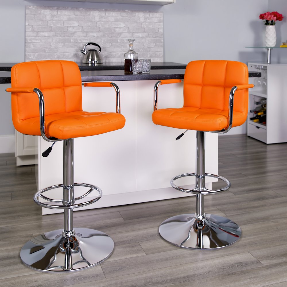 Orange Quilted Vinyl Adjustable Height Barstool with Arms and Chrome Base