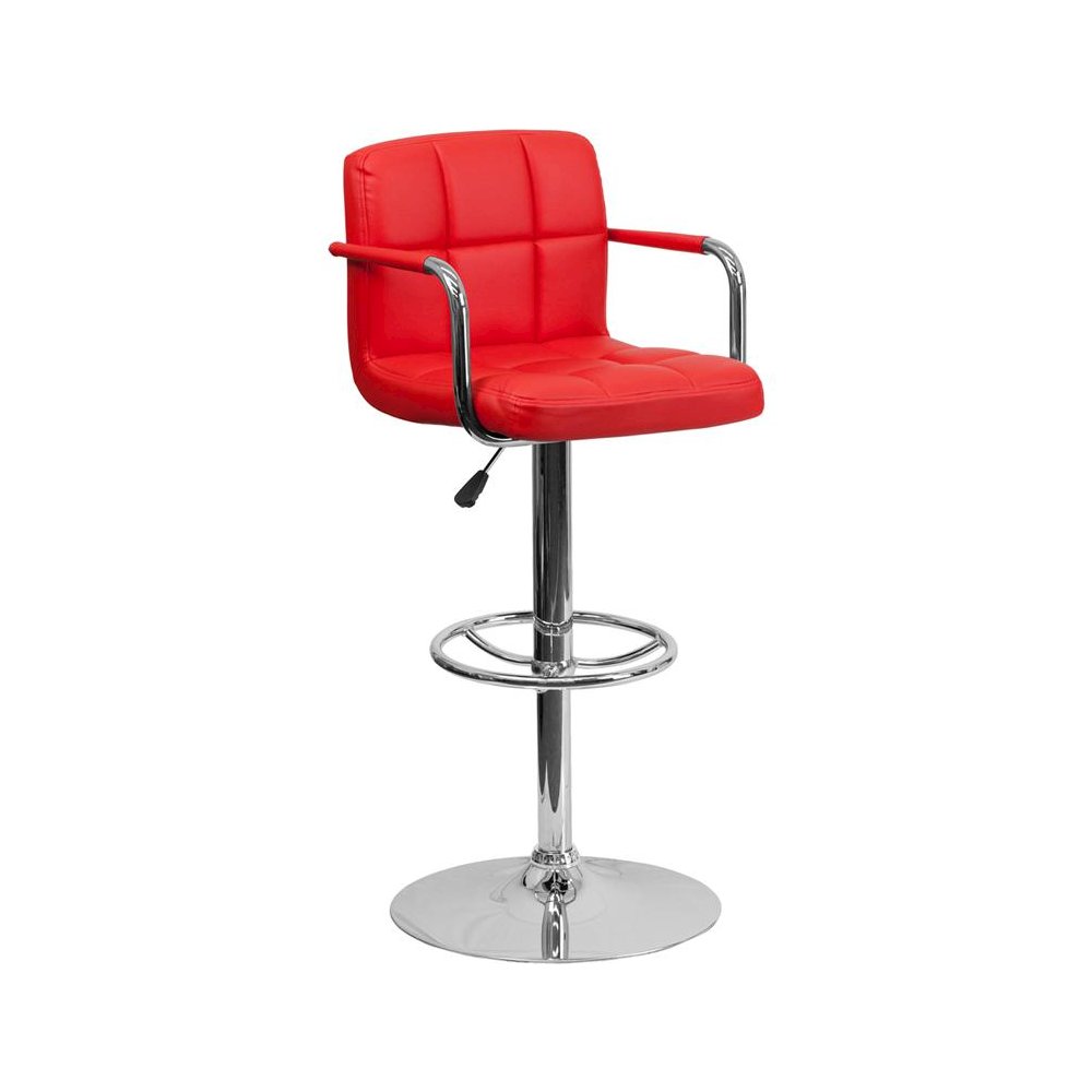 Red Quilted Vinyl Adjustable Height Barstool with Arms and Chrome Base
