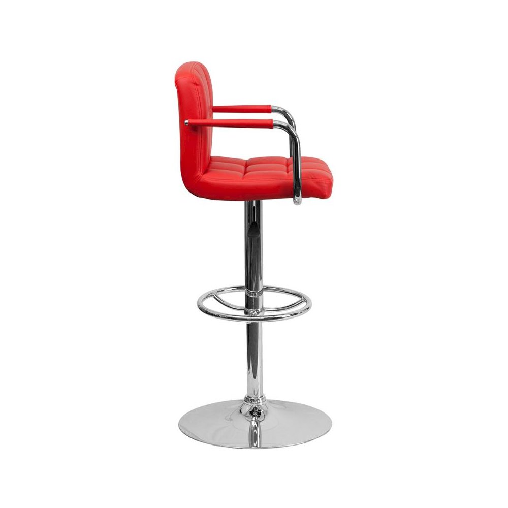 Red Quilted Vinyl Adjustable Height Barstool with Arms and Chrome Base