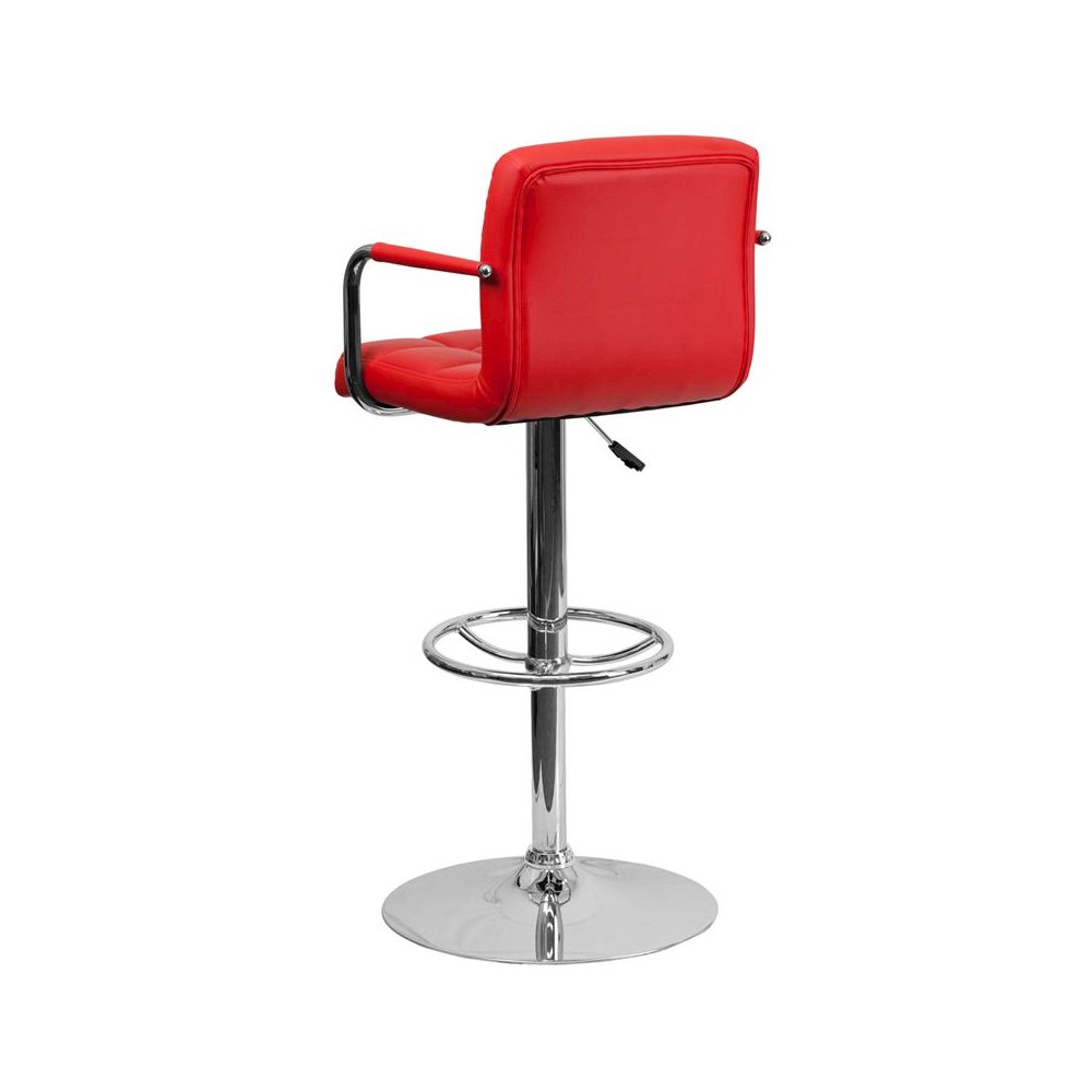 Red Quilted Vinyl Adjustable Height Barstool with Arms and Chrome Base