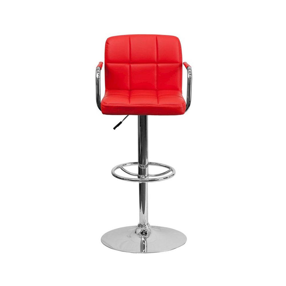Red Quilted Vinyl Adjustable Height Barstool with Arms and Chrome Base