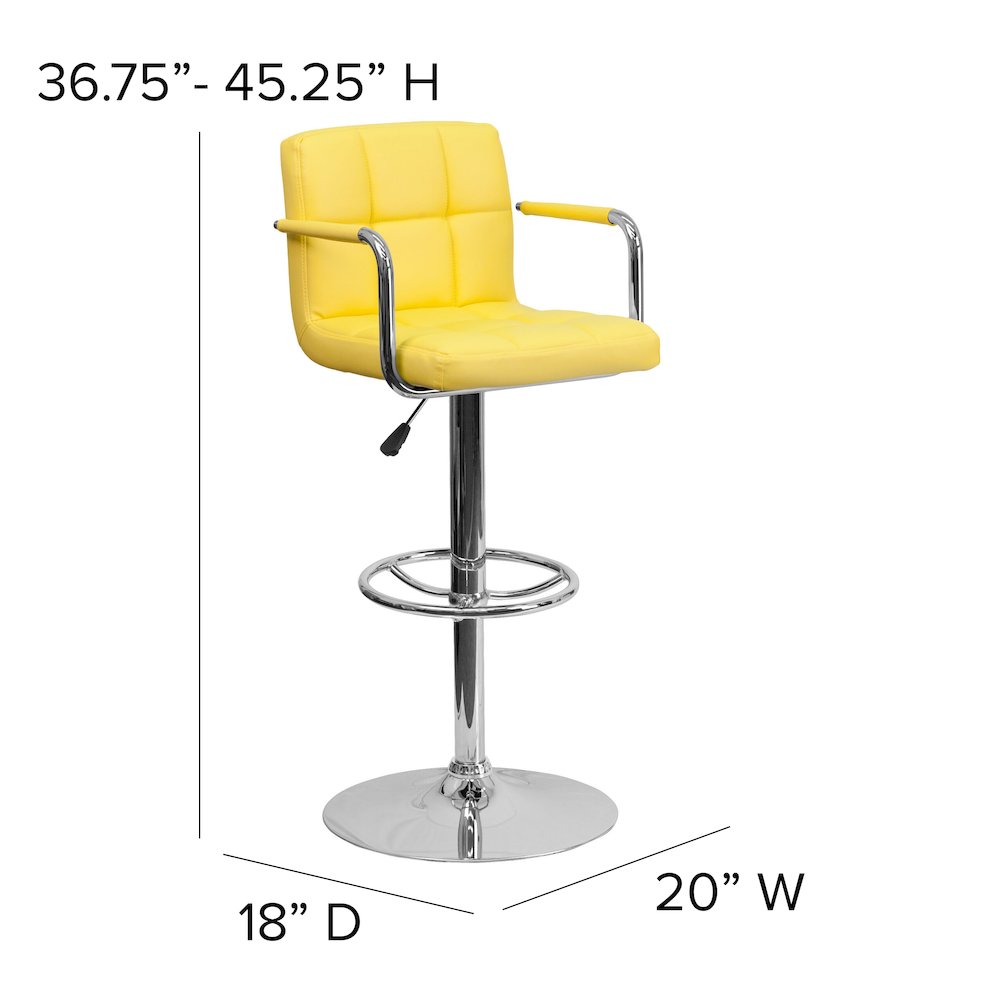 Yellow Quilted Vinyl Adjustable Height Barstool with Arms and Chrome Base