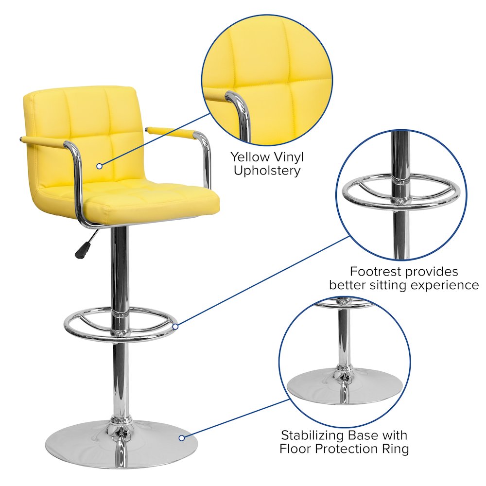 Yellow Quilted Vinyl Adjustable Height Barstool with Arms and Chrome Base