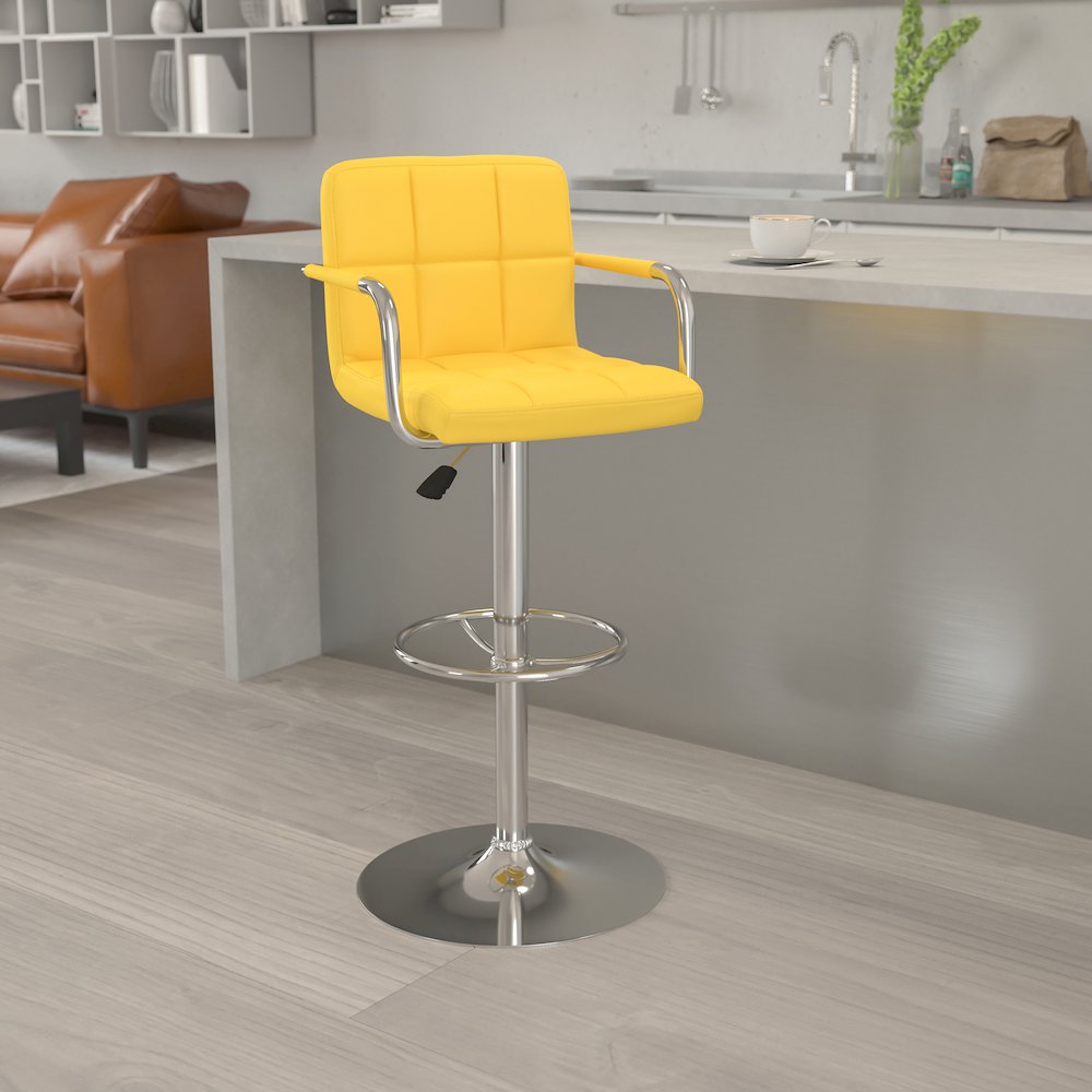 Yellow Quilted Vinyl Adjustable Height Barstool with Arms and Chrome Base