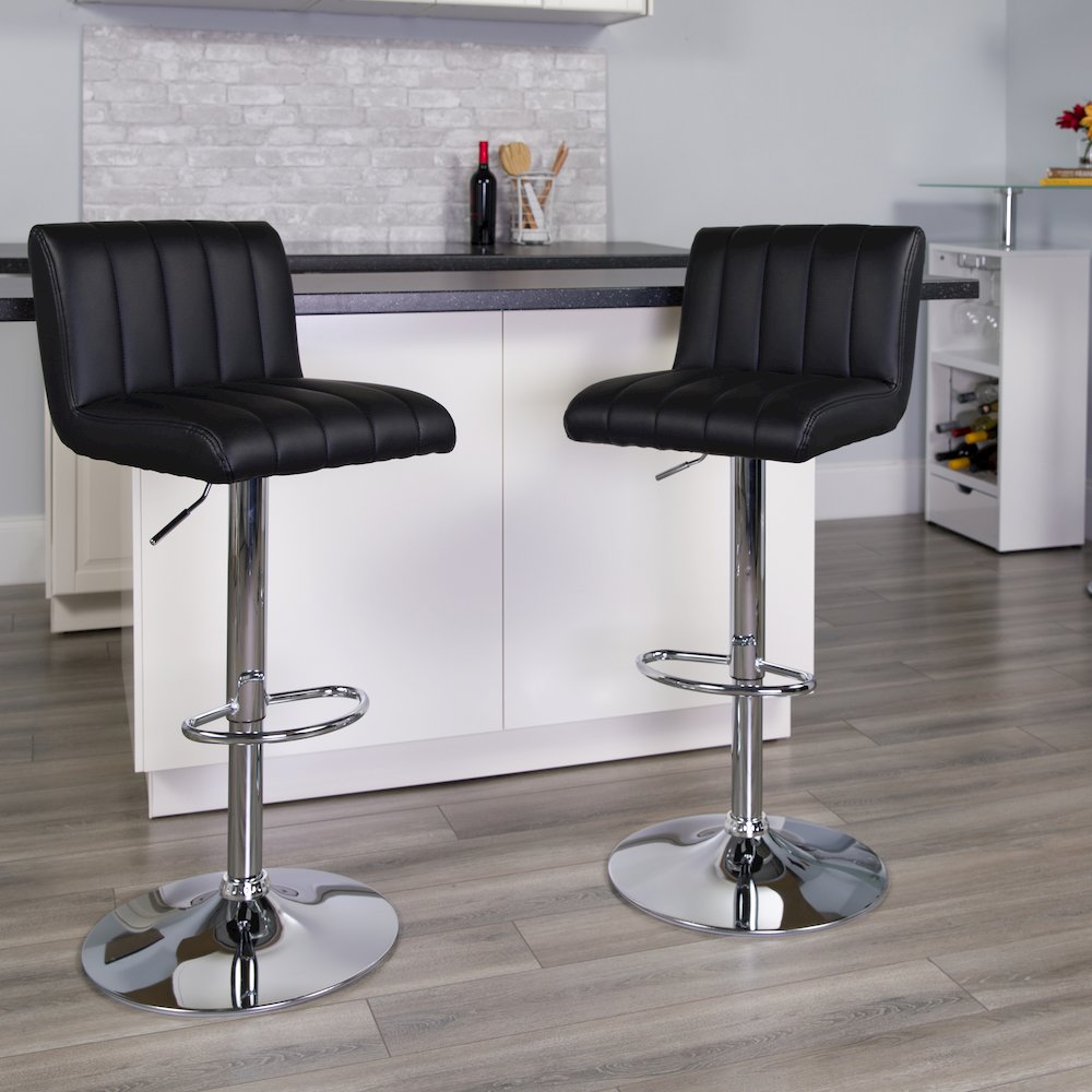 Black Vinyl Adjustable Height Barstool with Vertical Stitch Back/Seat
