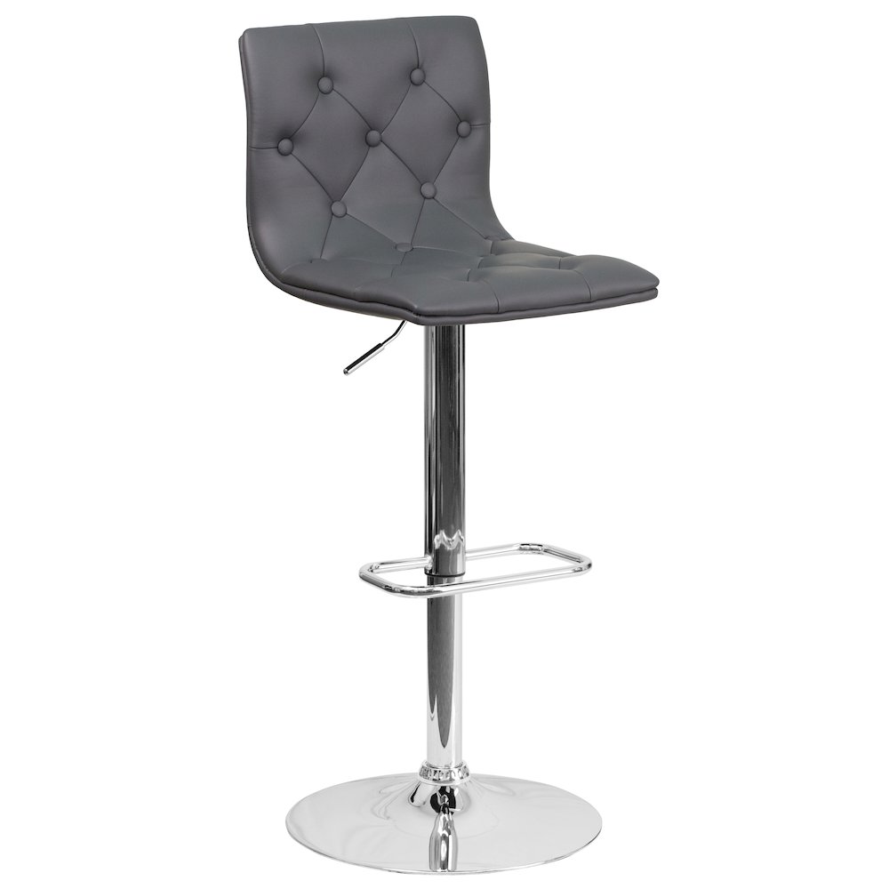 Button Tufted Gray Vinyl Adjustable Height Barstool with Chrome Base