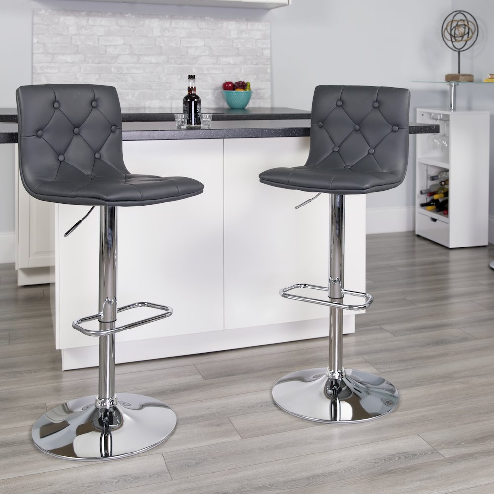 Button Tufted Gray Vinyl Adjustable Height Barstool with Chrome Base