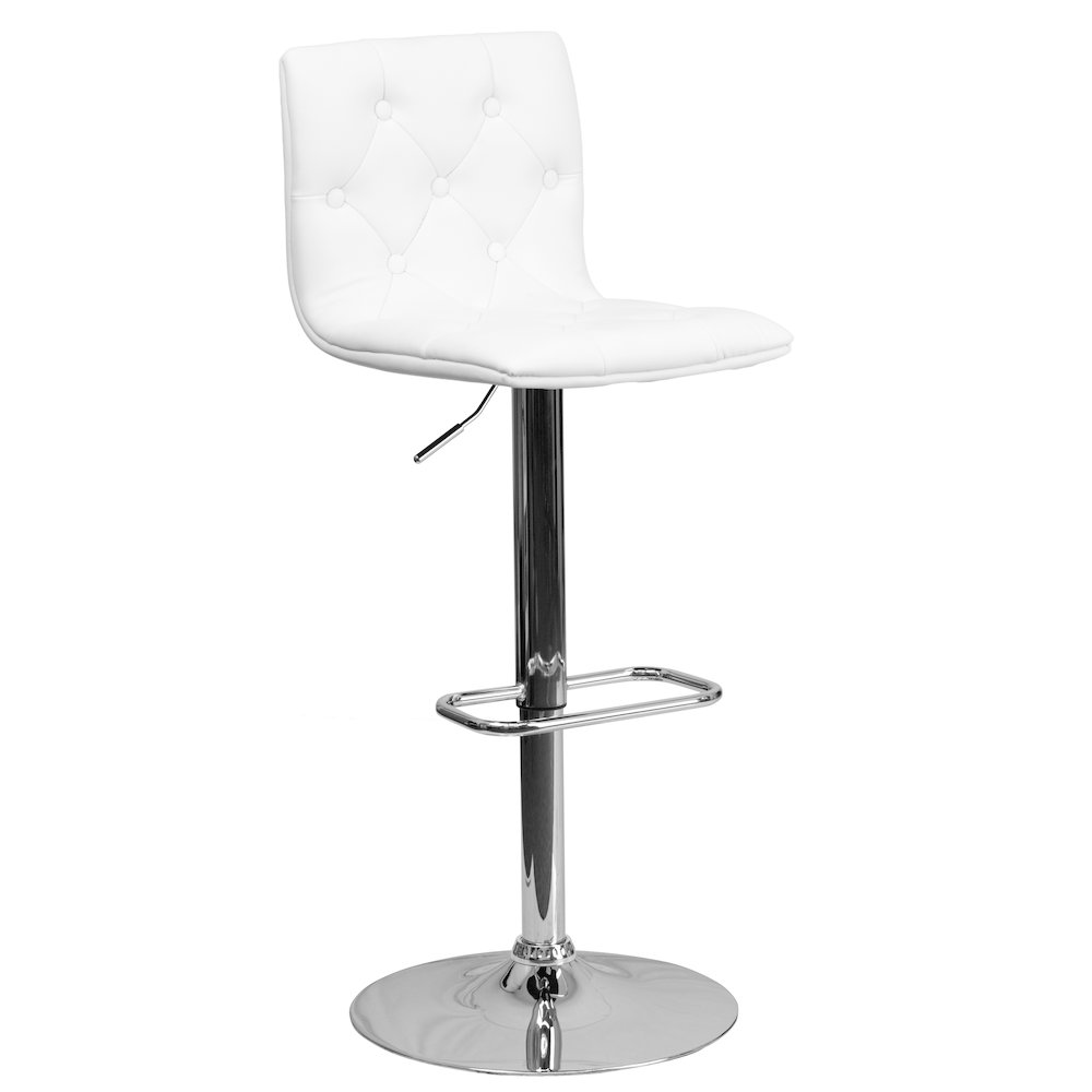 Button Tufted White Vinyl Adjustable Height Barstool with Chrome Base